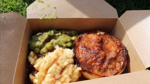 Tofu 'chicken' pie with mushy peas, mash and gravy at Pieminister in Stroud