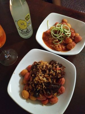 Loadey Gnocchi with pulled jack fruit one and tomato sauce the other one at Pastan Barbican in London