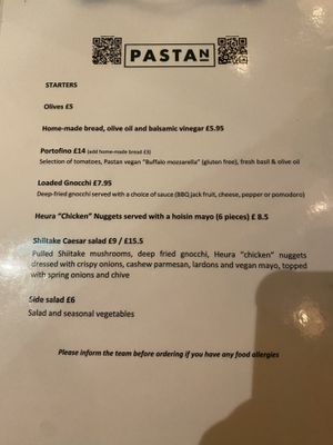 Starter menu  at Pastan Barbican in London