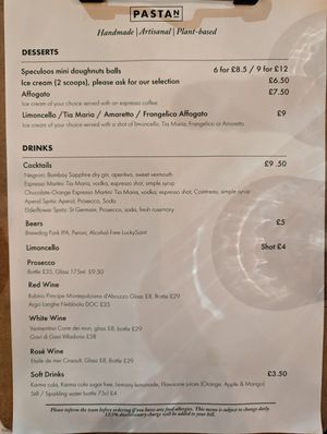 Desserts + drinks menu - March 2023 at Pastan Barbican in London