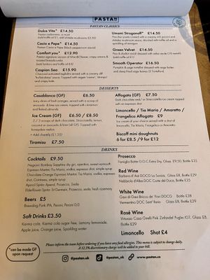 Menu  at Pastan Barbican in London