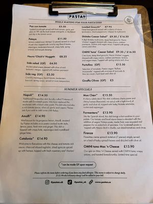 Menu   at Pastan Barbican in London
