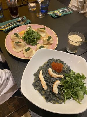 Pumpkin & sage ravioli and seafood charcoal pasta   at Pastan Barbican in London