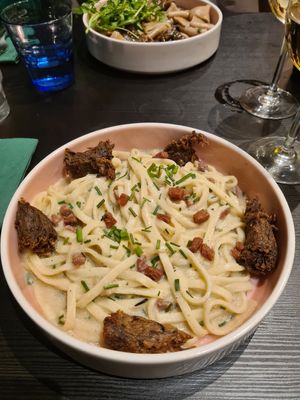 Pasta carbonary with added mushrooms at Pastan Barbican in London