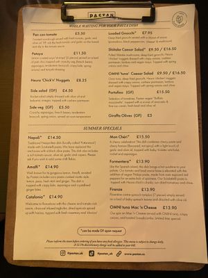 Menu  at Pastan Barbican in London