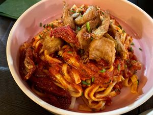 Pasta with vegan chicken at Pastan Barbican in London