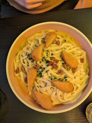 Carbonara with "chicken" and truffle oil at Pastan Barbican in London