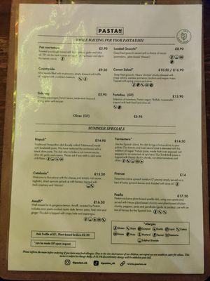 Menu at Pastan Barbican in London
