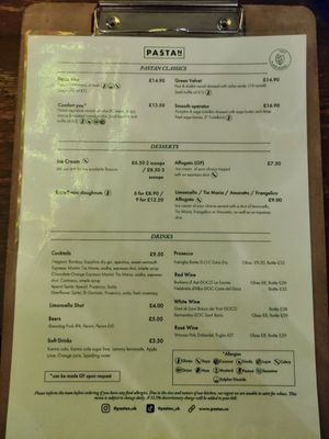 Menu at Pastan Barbican in London