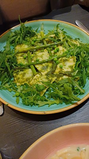 Pea and mint ravioli with fried asparagus at Pastan Barbican in London