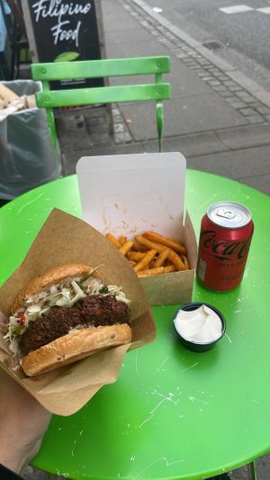 The veggie burger (thats vegan) is a falafel style burger. Its really good and huge. Its a great price for a menue. Everything on this picture for 110 dkk.   at Kristinedal Burgers in Copenhagen
