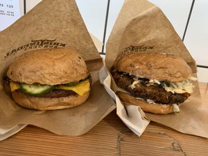Vegan cheeseburger and falafel burger   at Kristinedal Burgers in Copenhagen