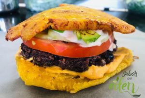 Vegan Burger Gluten-free with a plantain as a bun at Back2Eden in Boquete