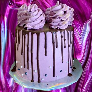Vegan chocolate cake with drip & colored swirls  at Casa de Vegan in Riverside