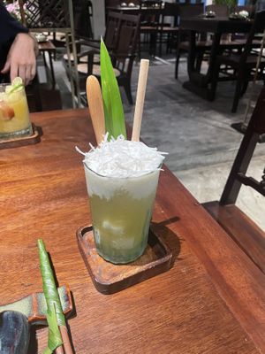 Sugar Cane Juice with coconut cream and shavings   at Sangha Vegetarian Restaurant in Da Nang
