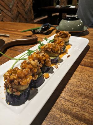 Mushroom, aubergine stacks with peanut sauce at Sangha Vegetarian Restaurant in Da Nang