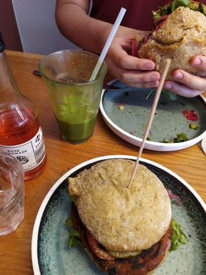 The burger, sandwich, a rose soda and a green juice at Café Glad in Aarhus