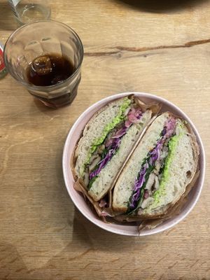 Sandwich with pea dip and roasted mushrooms  at Café Glad in Aarhus