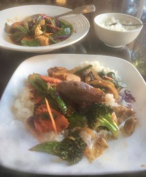 Tofu, basil, eggplant stir-fry with vegetables, soy sauce and rice. at Arawan Thai Cuisine in Sausalito