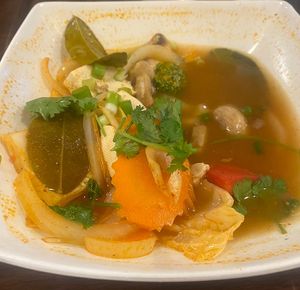 Vegetable Yom tom soup. Only part as I already started to tuck in and eat before I took the picture   at Arawan Thai Cuisine in Sausalito