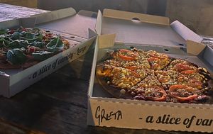 The vegan pizza and the margherita with vegan cheese  at Western Woodfired Pizza in Denham