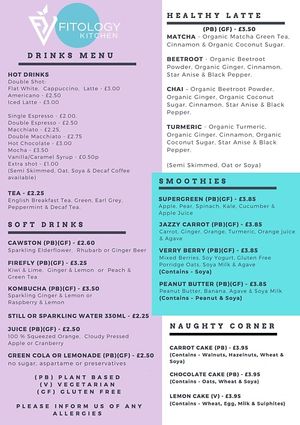 Soft drinks menu at Fitology Kitchen in Chislehurst