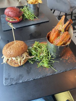 BBQ Jackfruit Burger with baked sweet potato wedges #Veganuary at Fitology Kitchen in Chislehurst