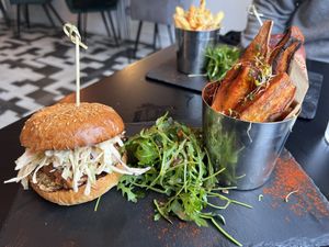 BBQ Jackfruit Burger with Baked Sweet Potato Wedges   at Fitology Kitchen in Chislehurst