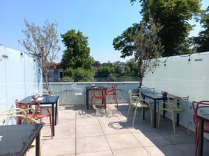 Terrace overlooking the lake at Fitology Kitchen in Chislehurst