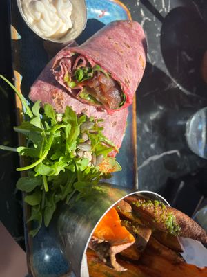 Veggie wrap with vegan, halloumi cheese and sweet potato fries with vegan mayo. Delicious at Fitology Kitchen in Chislehurst