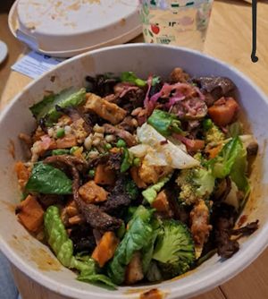 Vegan salad bowl with shiitake mushrooms and tofu at The Salad Project in East London