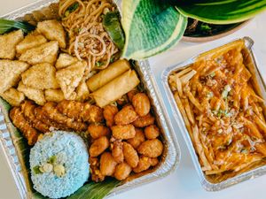 Platter and v fries at K Tea Cafe in Sunnyvale