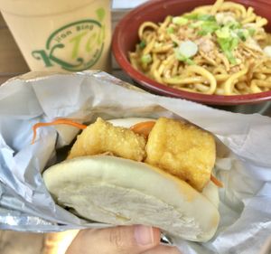Tofu Teriyaki Bao, Assam Milk Tea with soy milk, and Vegan Garlic Noodles at K Tea Cafe in Sunnyvale