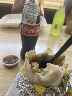 Mí gringa moda of eating a burrito with a fork. :p oh and a Mexican Coke!  at Santiago's Taco Shop in Lake Arrowhead