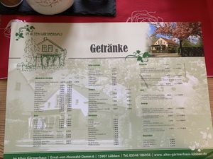 Getränkekarte at Im Alten Gärtnerhaus in Luebbenau