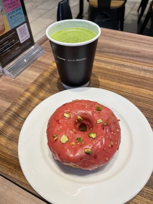 Raspberry pistachio donut and soy matcha latte  at 2foods - Shibuya Loft in Tokyo