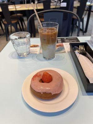 Strawberry donut and iced oat milk latte  at 2foods - Shibuya Loft in Tokyo