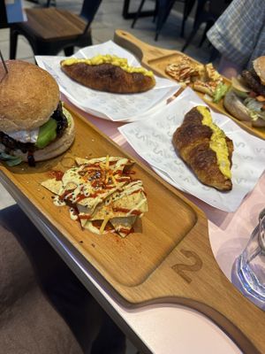 Egg sandwich croissants, teriyaki burger (left), spicy burger (right)  at 2foods - Shibuya Loft in Tokyo