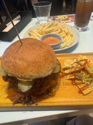 Spicy burger with fries and iced coffee   at 2foods - Shibuya Loft in Tokyo