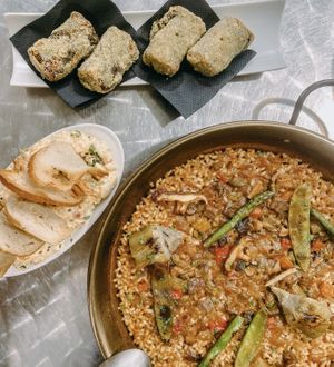 Vegan paella, spinach croquettes, and ensaladilla at PÖTSTOT in Barcelona