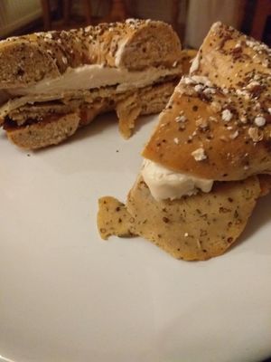 Turkey, fig chutney and cream cheese bagel. Outstanding! at Faux Butcher - Online Store in Nottingham