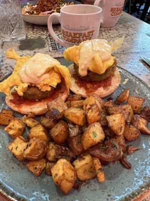 Vegan eggs hollandaise and matcha latte with oatmilk.   at Gaslamp Breakfast Company in San Diego