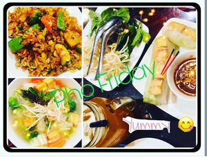 Veggie tofu fried rice, Vegan Noodle soup for three of us, plus Tofu Springs rolls with peanut sauce. Bubble Passionfruit tea with lychee boba. 1/2020 at Pho Company Noodle House in Deland