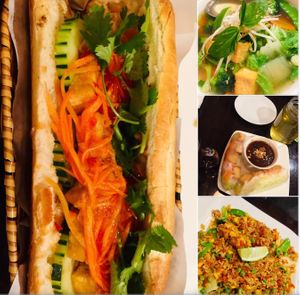 Tofu Bahn mi, Vegetable tofu soup, Tofu spring rolls, Tofu fried vegan rice. 1/2020 at Pho Company Noodle House in Deland