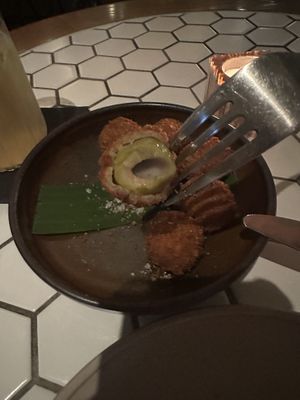 Fried olives for starters   at Lona Misa in South Yarra