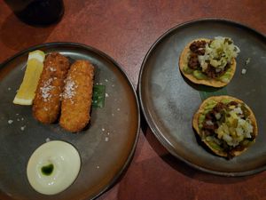 Padron croquettas $14: wasnt gooey, more like mashed potato texture but crispy and tasty aioli; Barbacoa tostadas $16: delish spicy mince, although couldn't taste pineapple at Lona Misa in South Yarra