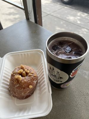 Ube latte and huge raised donut   at Zendo - Coffee Shop in Albuquerque