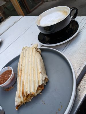 Vegan breakfast burrito with Sweet Bonnie (coconut cream) at Zendo - Coffee Shop in Albuquerque