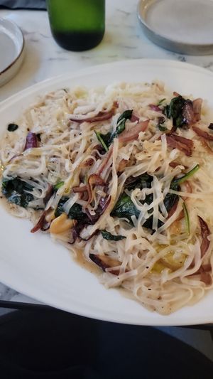 Roasted Garlic Baby Spinach Rice Noodle dish. So good! at Bistro 1907 by Mark Canzonetta in Youngstown