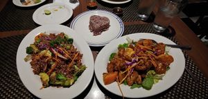 Veggie fried rice, orange "chicken", & a rice heart ❤ at Thai Vegan in Albuquerque
